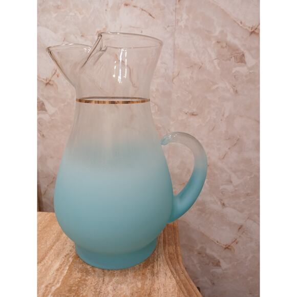 1950 West Virginia Blendo Glass Pitcher Frosted Turquoise Gold w Box Party MCM - Picture 3 of 16
